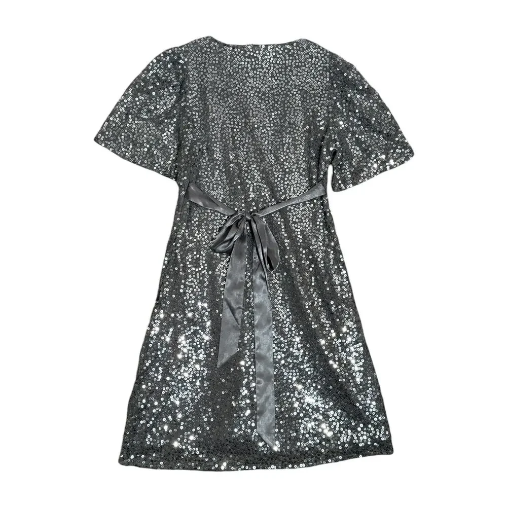 Betsey Johnson‎ Evening Silver Sequin Cocktail Dress Size 6 Metallic Party Glam